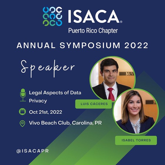 Image of the advertisement for ISACA's 2022 Annual Symposium featuring McV attorneys Isabel Torres-Sastre and Luis Caceres-Casasnovas